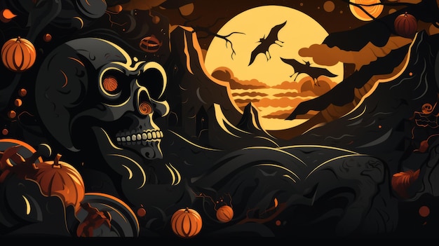 scena Halloween z czaszką i dyniami