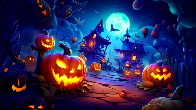 Scena Halloween z dyniami jack o lantern i pełnią księżyca w tle Generatywna sztuczna inteligencja