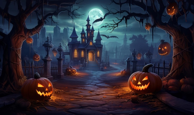scena halloween z dyniami na cmentarzu i grobami