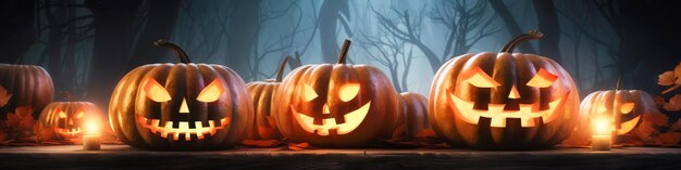 Zdjęcie scena horroru halloween z przerażającymi dyniami na przerażającym ciemnym tle generatywna sztuczna inteligencja