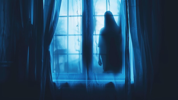 Scena horroru na Halloween z niewyraźną sylwetką ducha w oknie sypialni