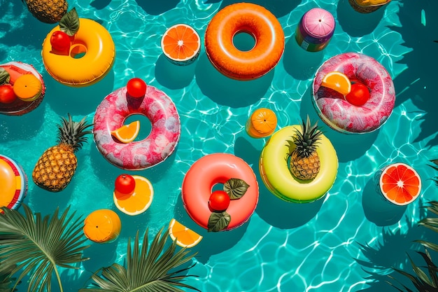 Scena imprezy przy basenie z jasnymi i kolorowymi koktajlami o tematyce tropikalnej