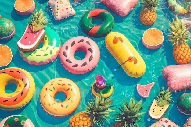 Scena imprezy przy basenie z jasnymi i kolorowymi koktajlami o tematyce tropikalnej