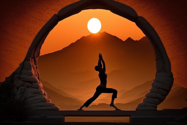 Scena jogi z zachodem słońca w tle