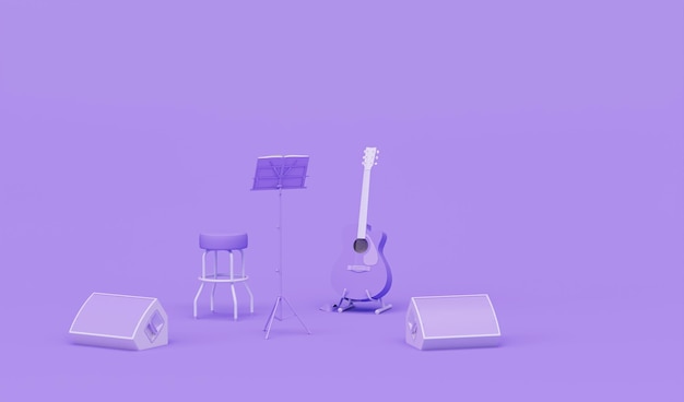 Scena koncertowa z mikrofonem gitarowym i głośnikami na fioletowo-niebieskim tle