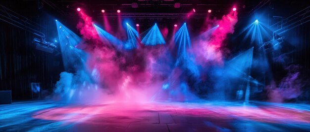 Scena koncertowa z żywymi różowymi i niebieskimi światłami Dramatyczna pusta scena koncertowa kąpająca się w atmosferycznych różowych i niebieskich światłach z teatralnymi efektami dymu