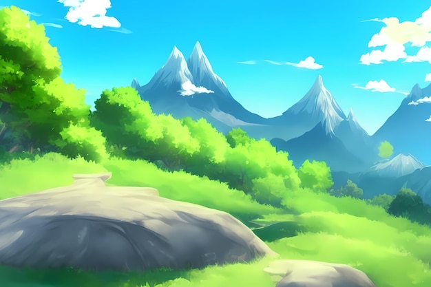 Scena Krajobrazowa Z Piękną Zielenią, Górami, łąkami, Drzewami, Z Niebieskim Niebem I Górami