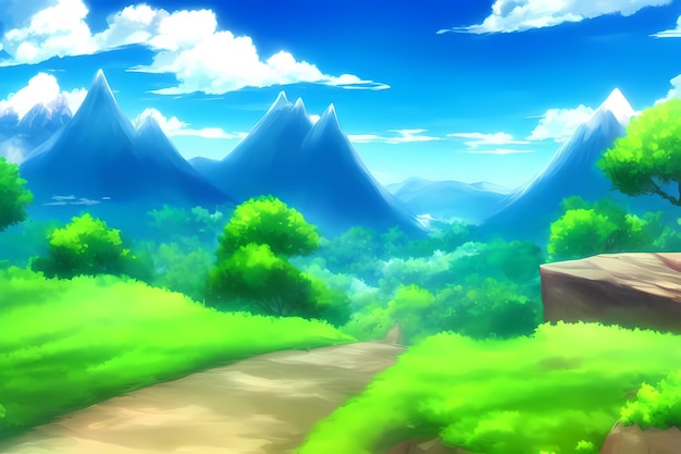Scena krajobrazowa z piękną zielenią, górami, łąkami, drzewami, z niebieskim niebem i górami