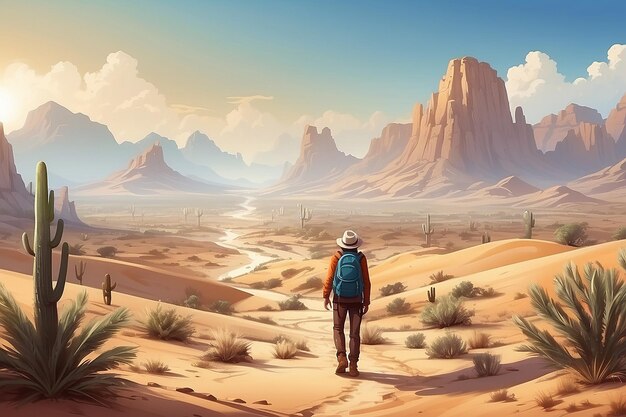 Scena krajobrazu pustynia z podróżnikiem wanderlust