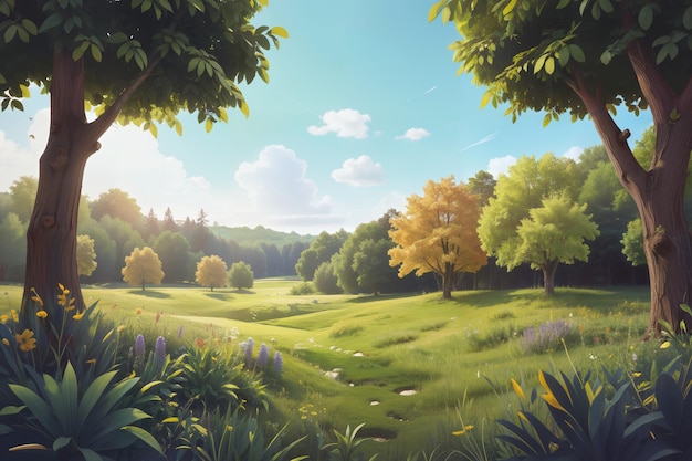 scena leśna z drzewami i kwiatami