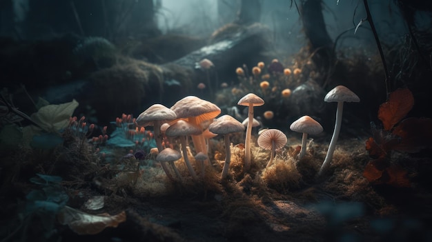 Scena leśna z grzybami i scena leśna.