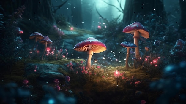 Scena leśna z grzybami i świecącym różowym świetlikiem.