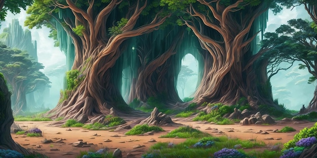 Scena leśna z jaskinią pośrodku i drzewem pośrodku.
