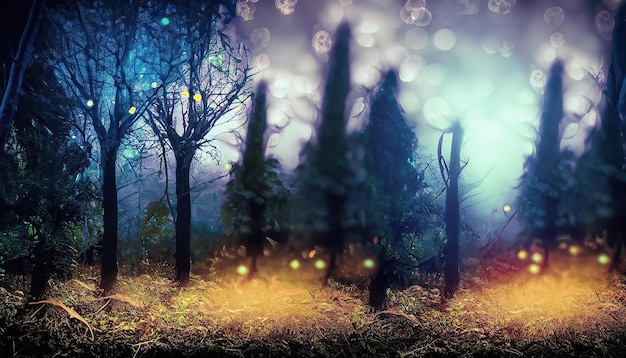 Scena leśna ze świecącym lasem i świecącym lasem ze świecącym drzewem na pierwszym planie.