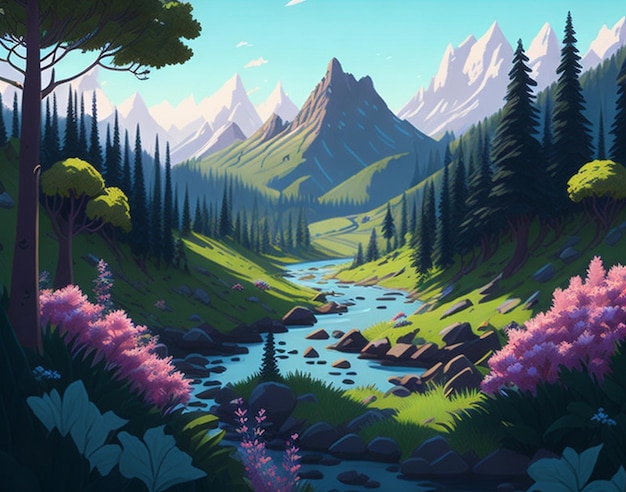 Scena letnia z kreskówki z górskim krajobrazem Las i brzegi łąki ilustracja AI generowana