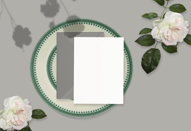 Scena makiety papeterii ślubnej. Pusta kartka z pozdrowieniami i szara koperta, ceramiczna biel i zieleń