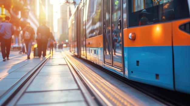 Scena miejska z tramwajem i pieszymi w świetle zachodu słońca