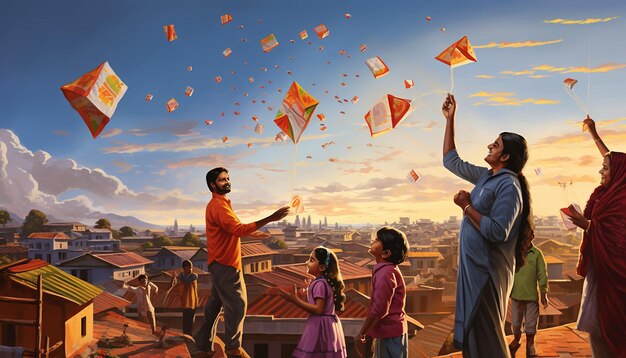 Scena na dachu przedstawiająca rodziny uczestniczące w zawodach latających latawców w Makar Sankranti