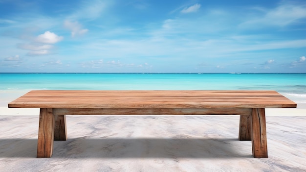 scena na plaży z drewnianą ławką na piasku