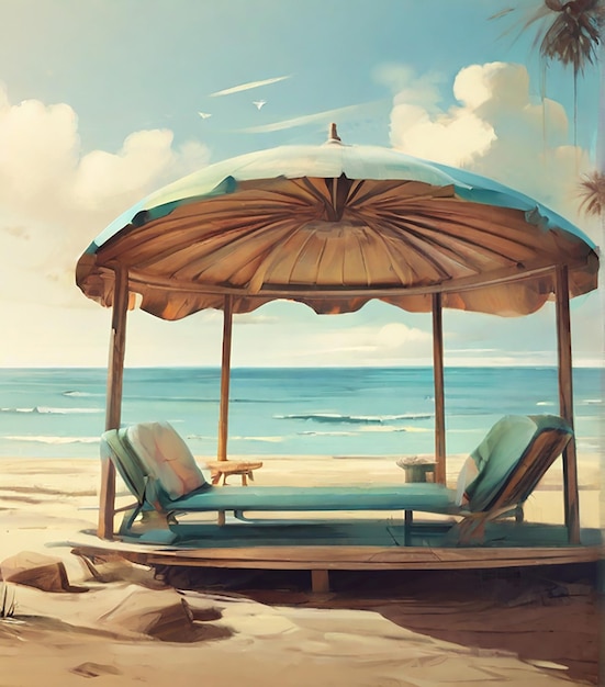 scena na plaży z gazebą i palmą