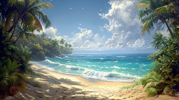 scena na plaży z palmą i sceną na plaży