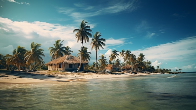 Scena na plaży z palmami i domem na plaży.