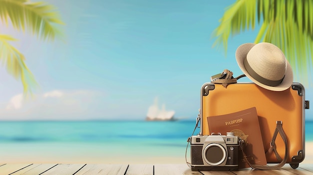 scena na plaży ze sceną na plaży z walizkami i palmą