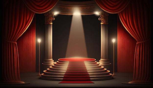 Scena na przedstawienie lub rozrywkę telewizyjną ze schodami mikrofonowymi, czerwonymi zasłonami, oświetleniem reflektorów i wystrojem Generative ai