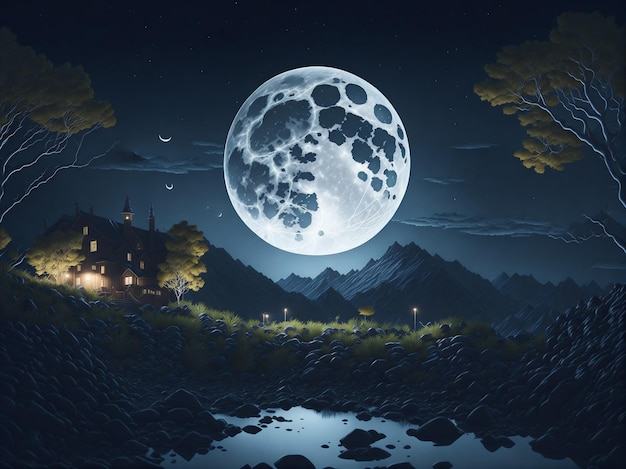 Scena nocna bajkowego domu ze światłem księżyca