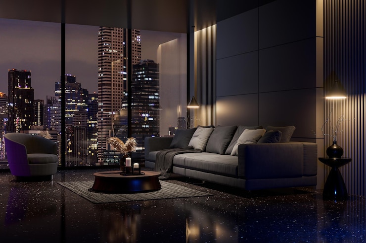 Zdjęcie scena nocna w nowoczesnym stylu luksusowy czarny salon z widokiem na miasto 3d render
