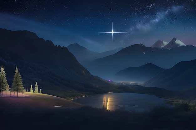 scena nocna z czystym, gwiaździstym niebem z widokiem na spokojną dolinę