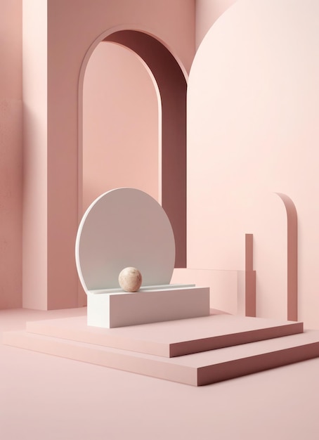 Scena o minimalnych kształtach i podium z pokojem w delikatnych różowych kolorach