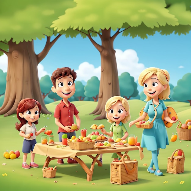 Scena piknikowa ze szczęśliwą rodziną w stylu animacji 3D w kreskówkowym lesie