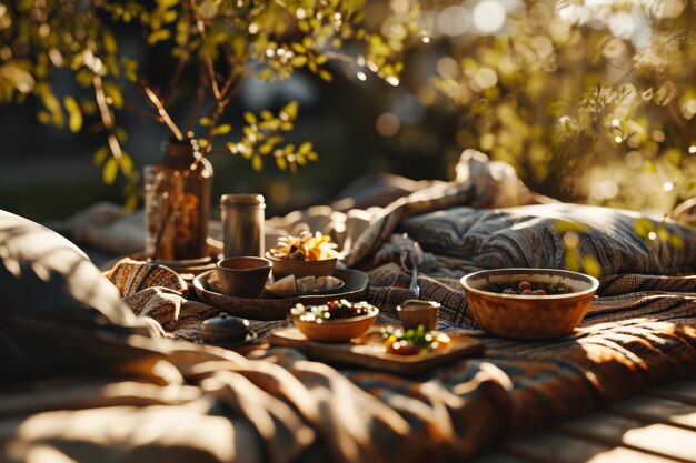 Scena pikniku na świeżym powietrzu z jedzeniem i kocami