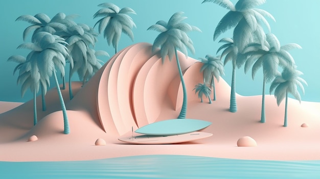 Scena plażowa w stylu Papercut z palmami, deską surfingową i balonem z generatywną sztuczną inteligencją