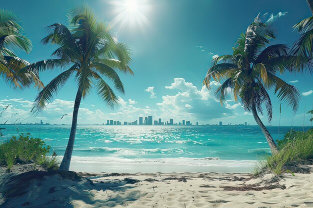 Scena plaży z palmami i miastem w tle Generatywna sztuczna inteligencja