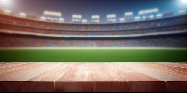 Scena prezentacji produktu z pustym drewnianym blatem stołu z dużym tłem stadionu sportowego Generative ai