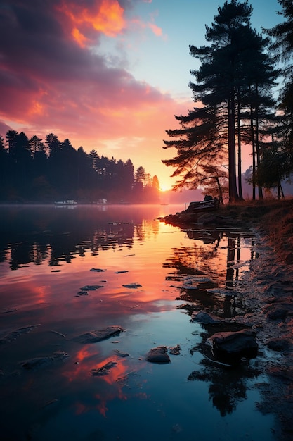 Scena przedstawiająca zachód słońca w pastelowych kolorach, odbijający się w spokojnym generatywnym jeziorze AI