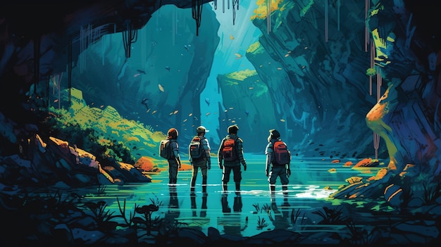 Scena przygodowa przedstawiająca grupę odkrywców odkrywających system podziemnych jaskiń Koncepcja fantasy Malarstwo ilustracyjne Generatywna sztuczna inteligencja