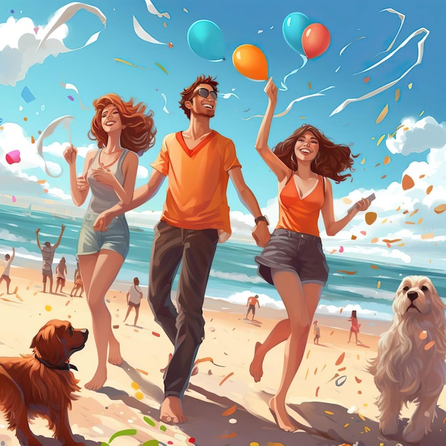 Scena przyjaciół cieszących się zabawnym dniem na plaży