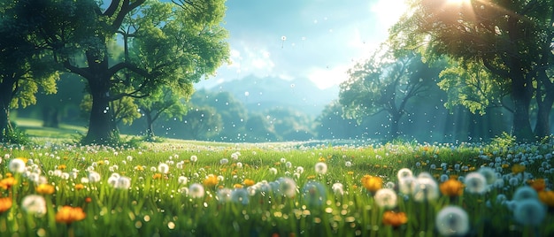 Scena przyrody z pączkami, zieloną trawą, drzewami i kwiatami, spokojne tło, słońce, piękne łąki.