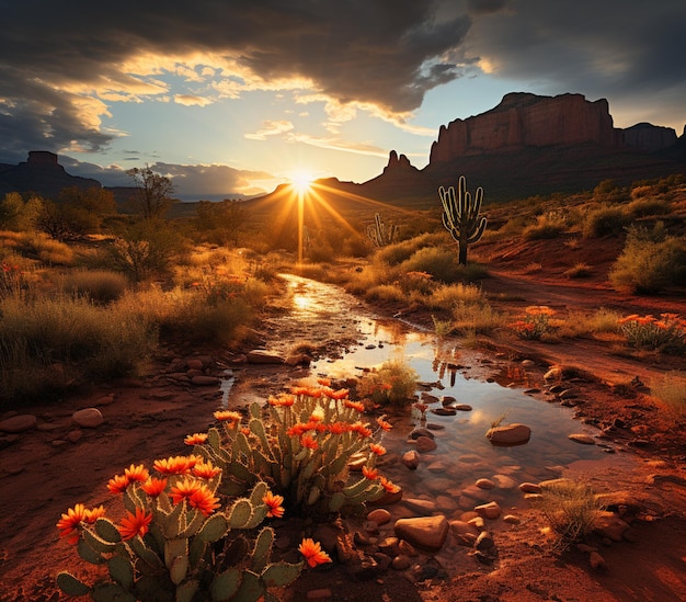 Scena pustyni z strumieniem i roślinami kaktusowymi przy zachodzie słońca