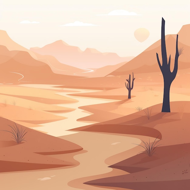 Scena pustynna ze sceną pustynną i drzewem bez liści.
