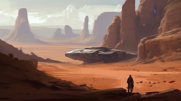 Scena pustynna ze statkiem kosmicznym na pierwszym planie i scena pustynna.