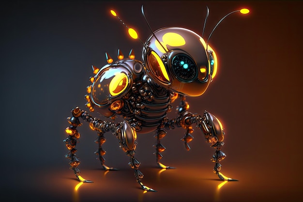 Scena robota mrówki pełnego ciała, epickie, małe, świecące oczy neo
