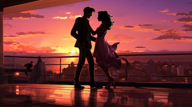 Scena romantyczna para tańcząca na dachu o zachodzie słońca