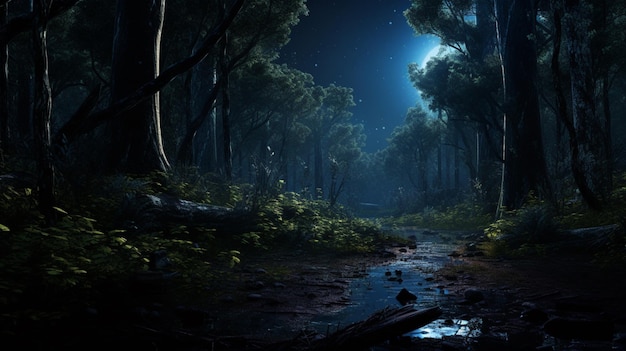 Scena sama, ciemny las, noc, lekki krajobraz, obraz sztuki generowanej przez sztuczną inteligencję