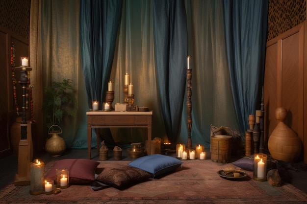 Scena spokojnego pokoju medytacyjnego ze świecami, kadzidłem i muzyką stworzoną za pomocą generatywnej ai