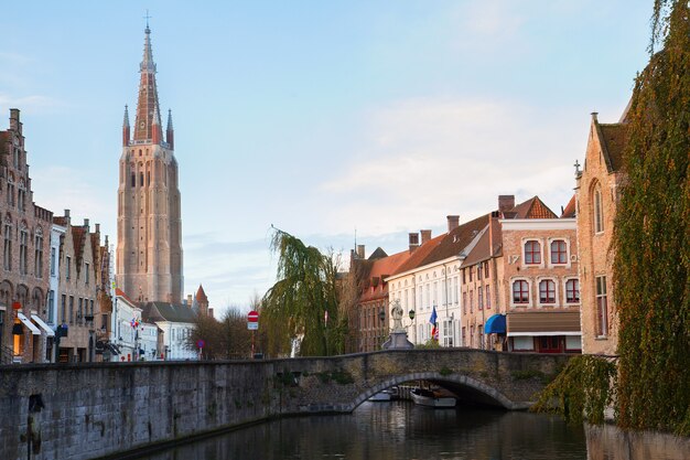 Scena starego miasta z wieżą Vrouwekerk, Belgia