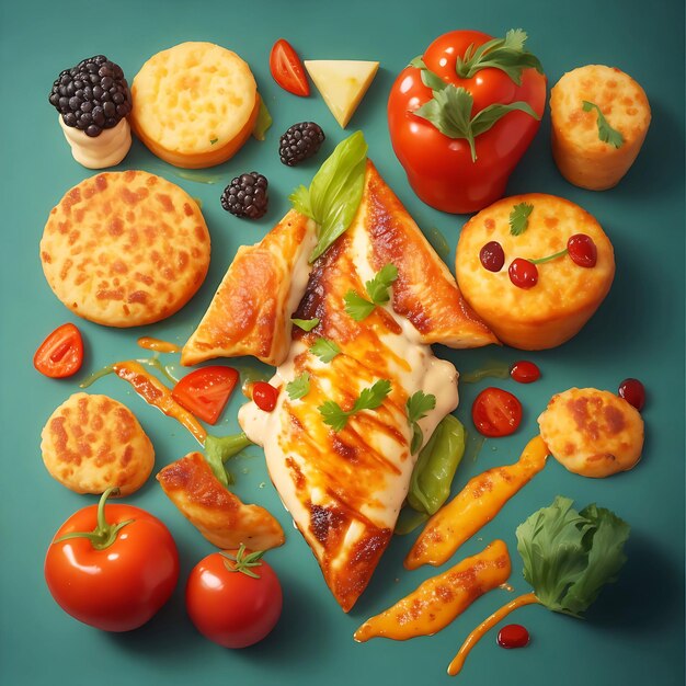 Zdjęcie scena stołu bufetowego z jedzeniem na wynos lub dostawą pizza hamburgery smażony kurczak i boki